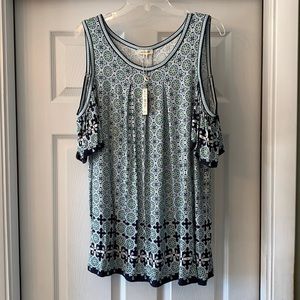 Max Studio Blue and Green Cold Shoulder Top NWT